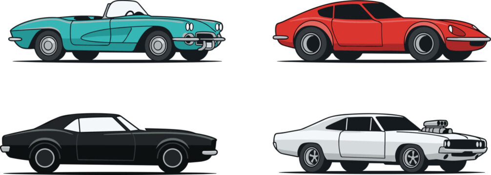 Classic Vintage Cars Collection Vector Set with Retro Sports and Muscle Automobile Illustrations Isolated on White Background for Automotive Design
