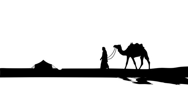 A silhouette of a desert nomad and camel with a tent under a vast empty sky