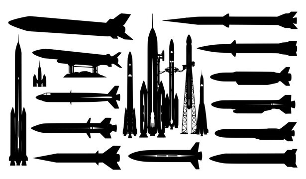 A comprehensive collection of silhouetted military aircraft and rockets depicting modern warfare and aerospace technology