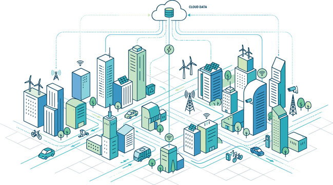 Futuristic smart city network illustration a detailed isometric view of connected urban infrastructure and data flow
