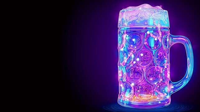 Glowing beer stein with foamy top and detailed handle on black background