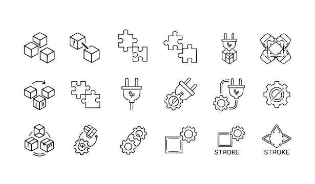 Collection of black linear icons representing logistics connection gears and puzzle pieces on a white background