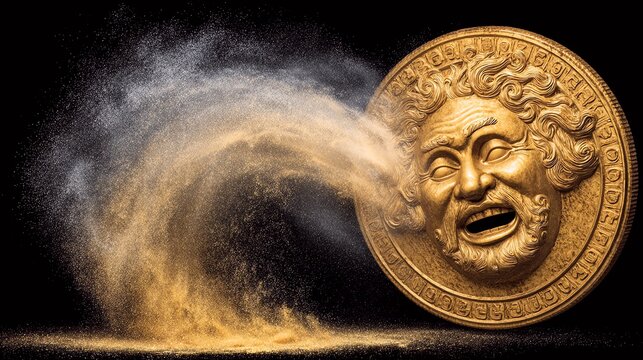 Gold coin with open mouth and erupting particle cloud on black