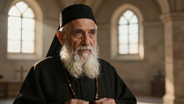 Elderly priest with white beard and black robes holding prayer beads inside a church with soft focus background.