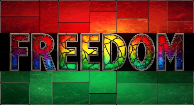 Freedom text with rainbow colors on stained glass background celebrating juneteenth holiday.