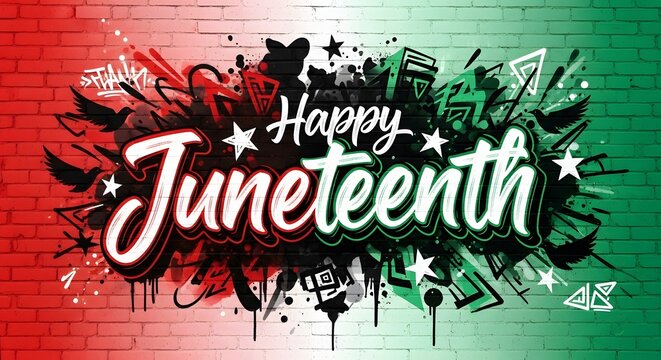 Happy juneteenth graffiti street art style mural on brick wall with birds and star elements.