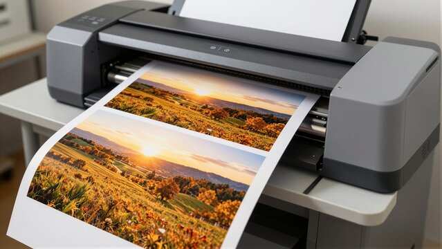 A modern wide-format printer outputs a vivid landscape photo of an autumn sunset with soft focus on the background.