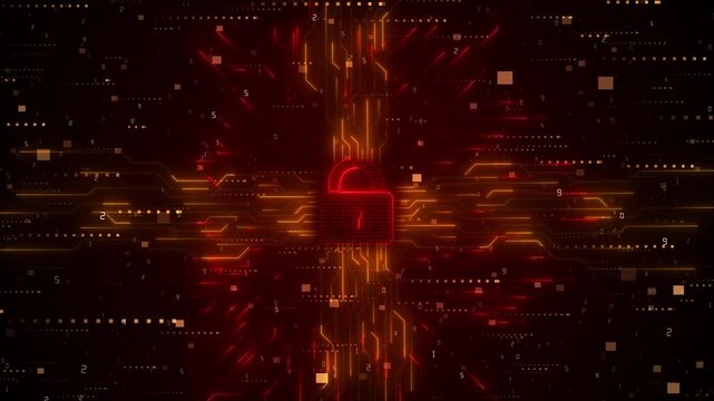 Red cyber security lock orange circuit lines, digital numbers, dark code texture, and glowing warning energy. Perfect for privacy videos, data protection intros, software security, and cyber overlays.