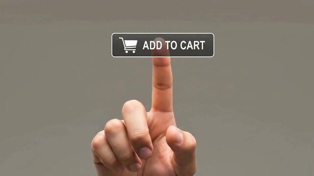 Hand pressing virtual add to cart button on digital screen online shopping concept closeup
