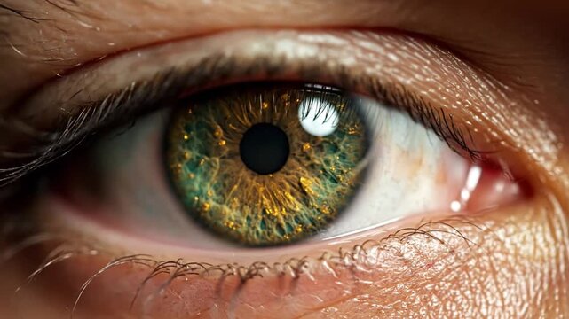 Extreme close up of human eye with golden green iris