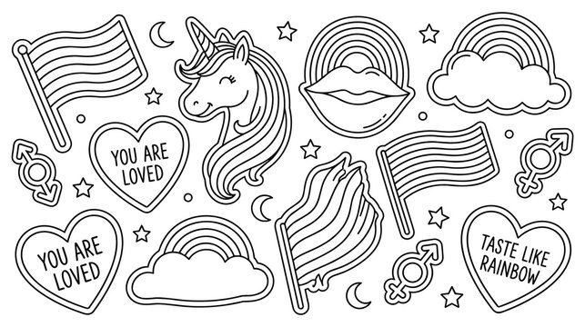 Lgbtq pride themed sticker collection featuring rainbows and hearts unicorn.