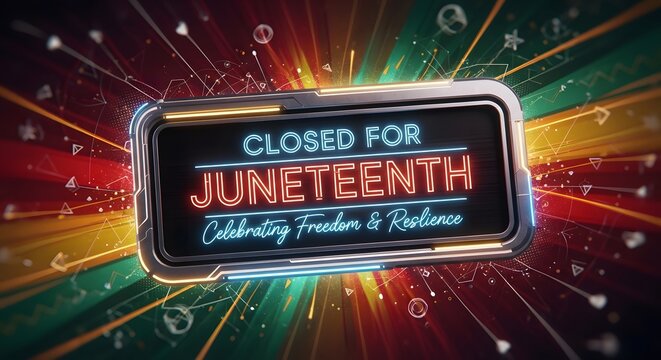 Modern neon sign indicating business closed for juneteenth holiday on colorful light background.
