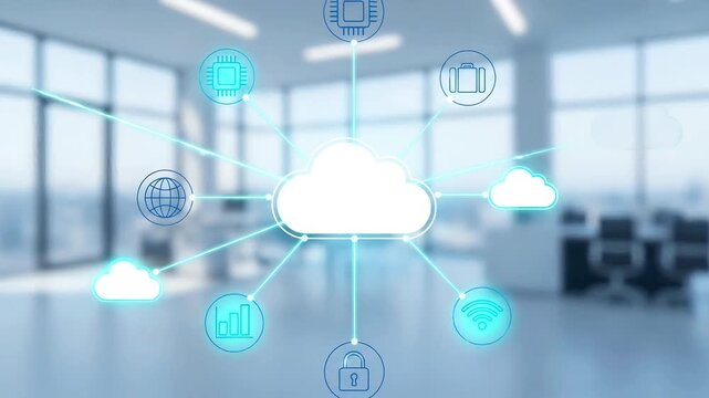 Ultra modern cloud computing and global network technology concept in futuristic office