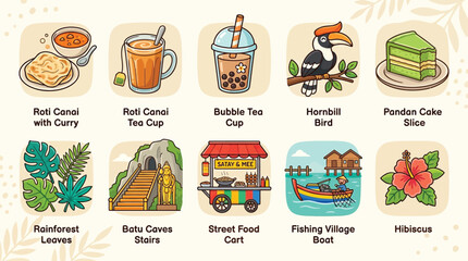 A vibrant collection of illustrations showcasing Malaysian culture, food, nature, and iconic landmarks. © Terra