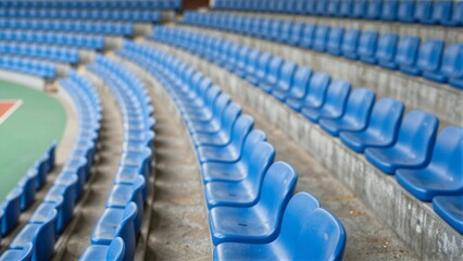 Fototapeta premium Rows of empty blue plastic seats curve around a green field in an outdoor sports arena with soft focus.