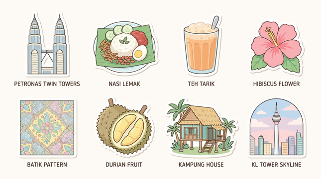 A collection of Malaysian cultural icons and landmarks including Petronas Twin Towers, Nasi Lemak, Teh Tarik, Hibiscus, Batik, Durian, Kampung House, and KL Tower.