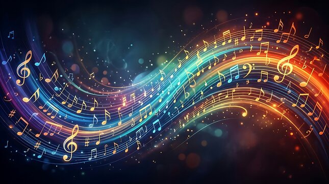 Vibrant musical wave of colorful lights and notes with glowing effects