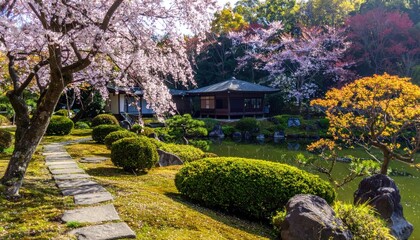 Obraz premium Serene Japanese Garden with Blooming Cherry Blossoms and Traditional Architecture.