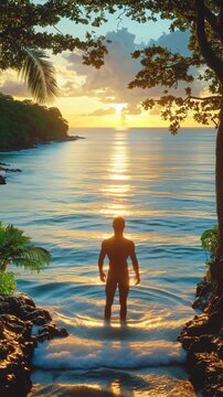 Person walks from shore into ocean at sunset. The sky is bright, and the water is calm. A tropical island is in the background. Peaceful summertime activity