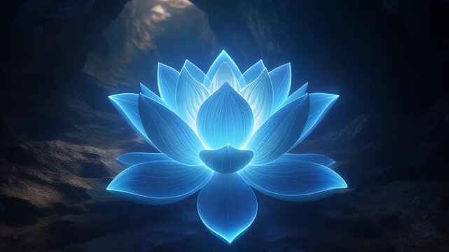 Glowing blue lotus flower blooms in dark mysterious water environment.