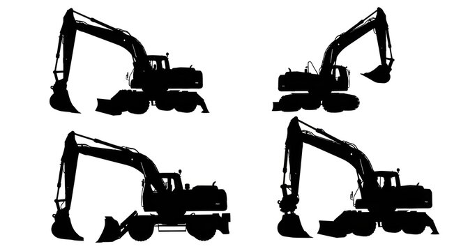 Four excavators are shown in silhouette against a white background