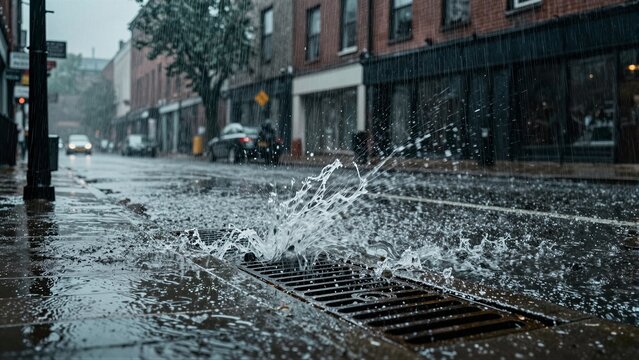 Close-up of water splashing into a storm drain on a rainy urban street, with cars and buildings in the background.