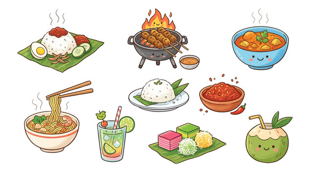 A vibrant collection of cartoon-style Asian dishes, including nasi lemak, satay, curry, noodles, rice, sambal, desserts, and refreshing drinks.