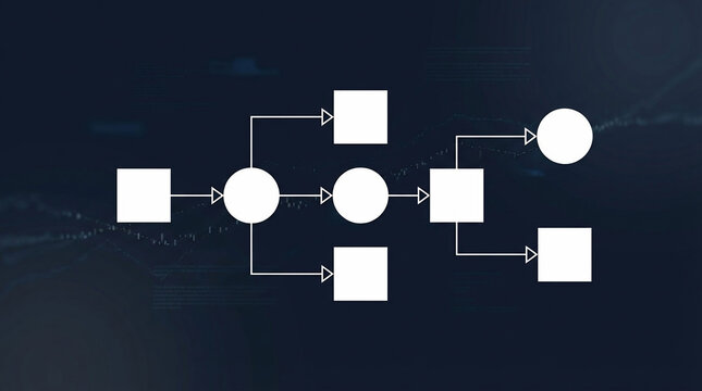 Flowchart diagram with white shapes and arrows on dark blue background, ideal for business presentations, data analysis and technology concepts