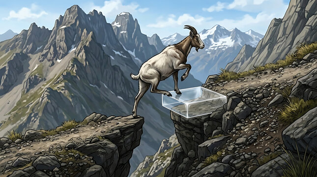 Agile mountain goat conquers a treacherous alpine gap with a surreal glowing ice bridge, showcasing determination amidst majestic peak wilderness