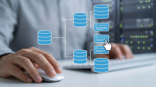 Hand on mouse with blue database flowchart overlay showing data nodes and cursor, set against server rack background, perfect for data management, IT