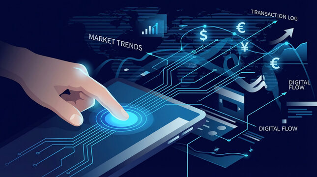Hand touching glowing smartphone screen with digital financial circuits and currency symbols, 3D rendering, perfect for fintech, business reports and