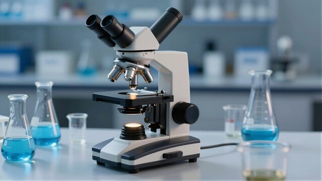 A modern compound microscope sits on a lab bench surrounded by various glassware containing blue liquid. The background is softly focused, highlighting the scientific instruments.