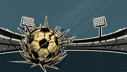 Soccer ball meteorite crashed into the middle of soccer stadium retro banner punchy style have blank space. © Wasitt