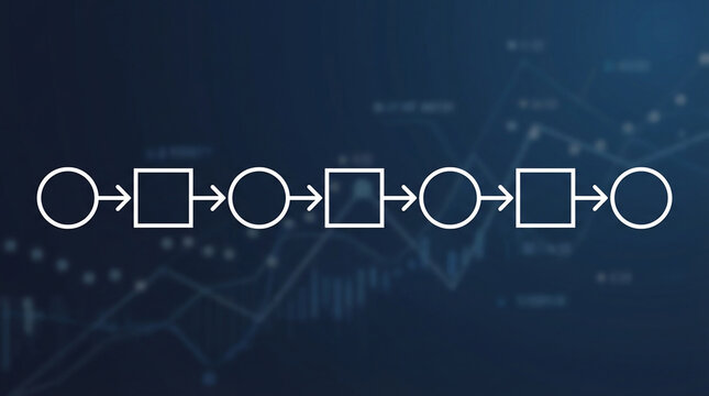 White flowchart shapes and arrows sequence on deep blue tech background with blurred charts and data points, suitable for business process
