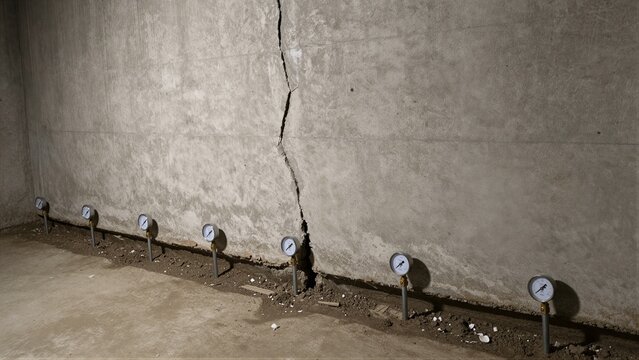A large vertical crack in a concrete basement wall with pressure gauges installed along the base for structural monitoring.
