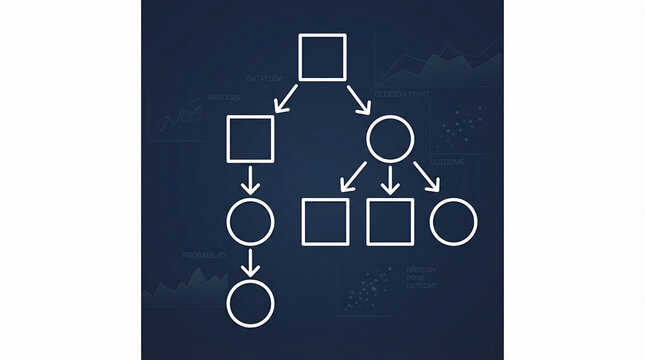 White outlined decision tree diagram with squares and circles connected by arrows, dataflow and analysis labels on dark navy background, concept for