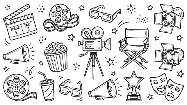 Cinema equipment and production elements doodle set for filmmaking.