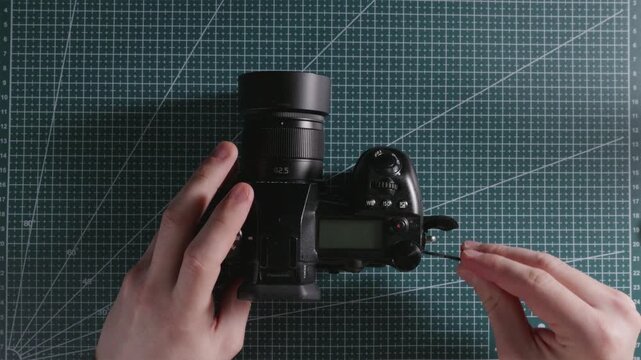 Technician inserting SD memory card into mirrorless digital camera