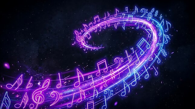 Abstract neon music notes and wave with vibrant glowing effects