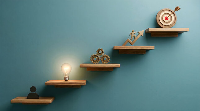 Conceptual business growth steps with wooden shelves, a glowing light bulb, mechanical gears, a rising arrow and a target with an arrow on a dark teal wall background