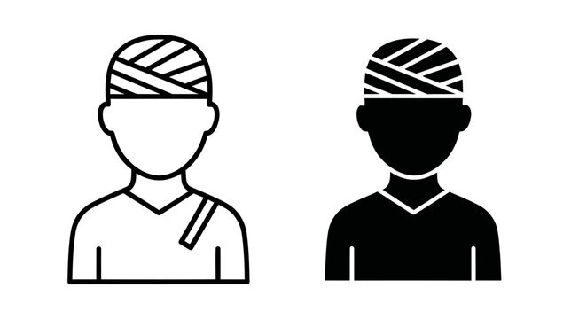 Injured patient vector icon set with head bandage, outline and solid style, isolated on white background
