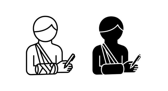 Injured person vector icon set with arm sling and pen, outline and solid style, isolated on white background