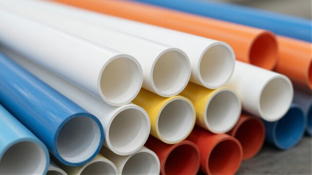 Close-up of stacked colorful CPVC pipes with varying diameters, showcasing their smooth interiors and vibrant exterior colors.