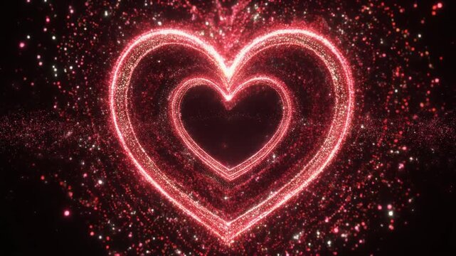 Radiant red heart tunnel with sparkling particle effects on a dark background, symbolizing love, passion, and an infinite connection