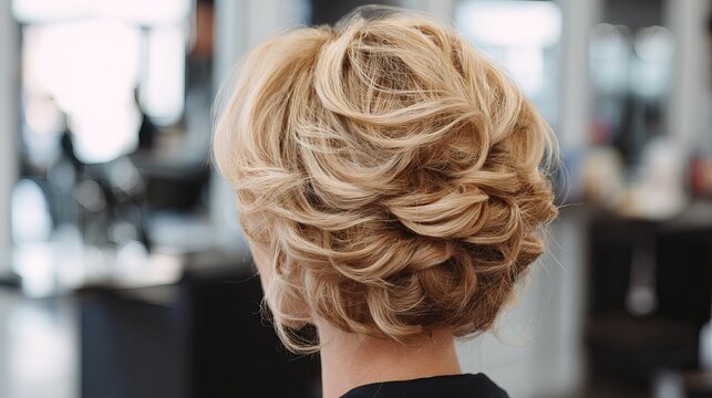 Elegant woman viewed from behind with flowing wavy blonde hair embodying modern sophistication and contemporary beauty style
