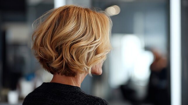 Elegant woman viewed from behind with flowing wavy blonde hair embodying modern sophistication and contemporary beauty style
