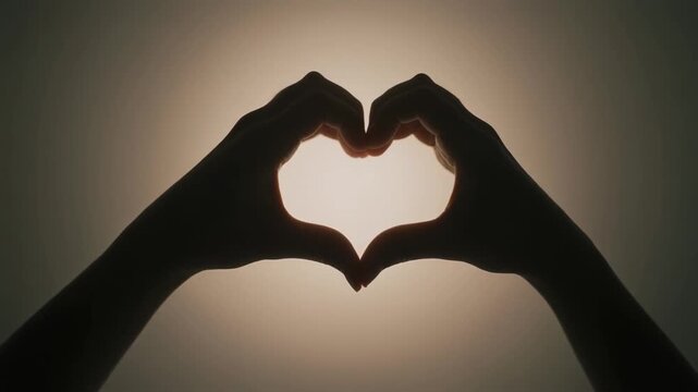 Two hands forming a heart shape in front of a bright light, symbolizing love and care