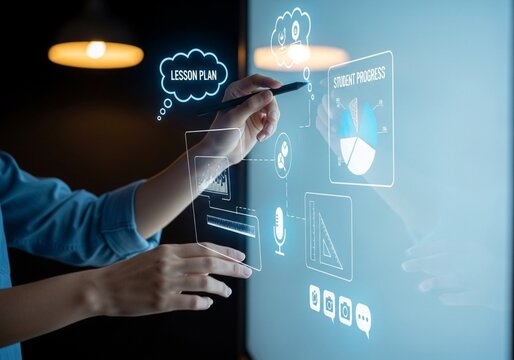 Woman using stylus on virtual screen with education interface