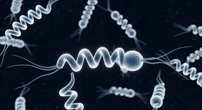 Detailed 3D Rendering of Spiral Shaped Bacteria Microorganisms with Flagella