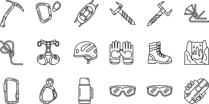 Set of mountaineering and climbing equipment icons, including ice axe, harness, helmet, boots, carabiners, and safety gear for extreme sports